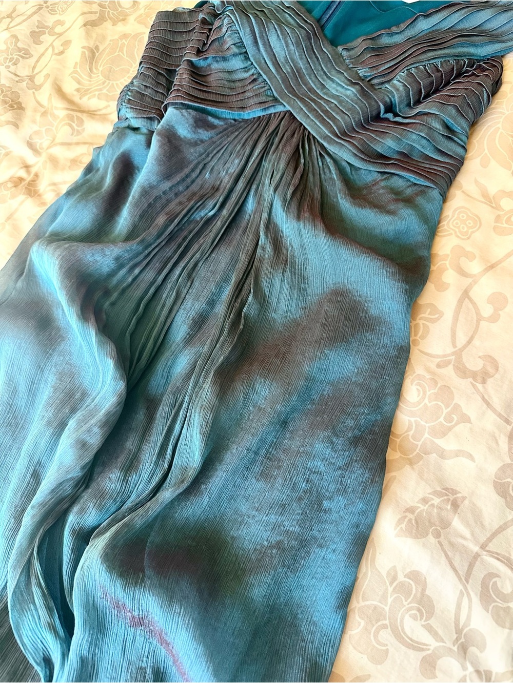 NWT Tadashi Shoji 100% Silk Iridescent Teal Pleated Crinkle Chiffon Dress 14 - Picture 4 of 15